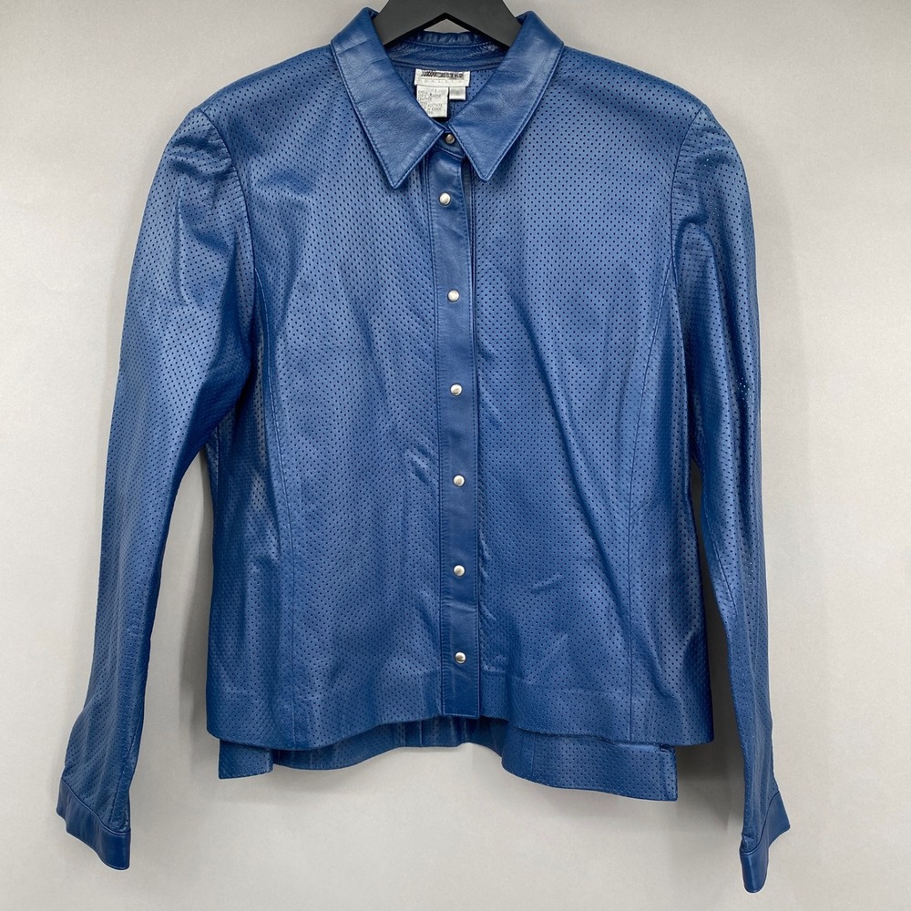 Worth Perforated Leather Shirt Jacket Women Size 8P Blue Snap Front Vintage Edgy